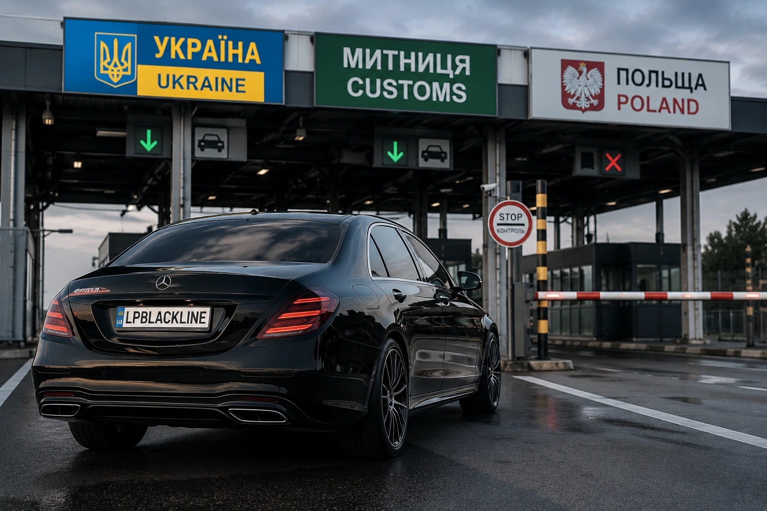 An LP BLACKLINE car at a Ukraine–Poland border checkpoint